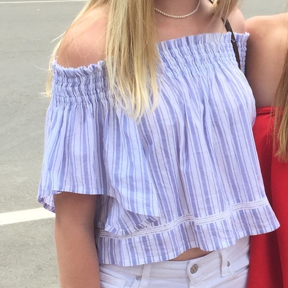 Faithfull the Brand Tops - Blue & White Stripped Off the Shoulder Top